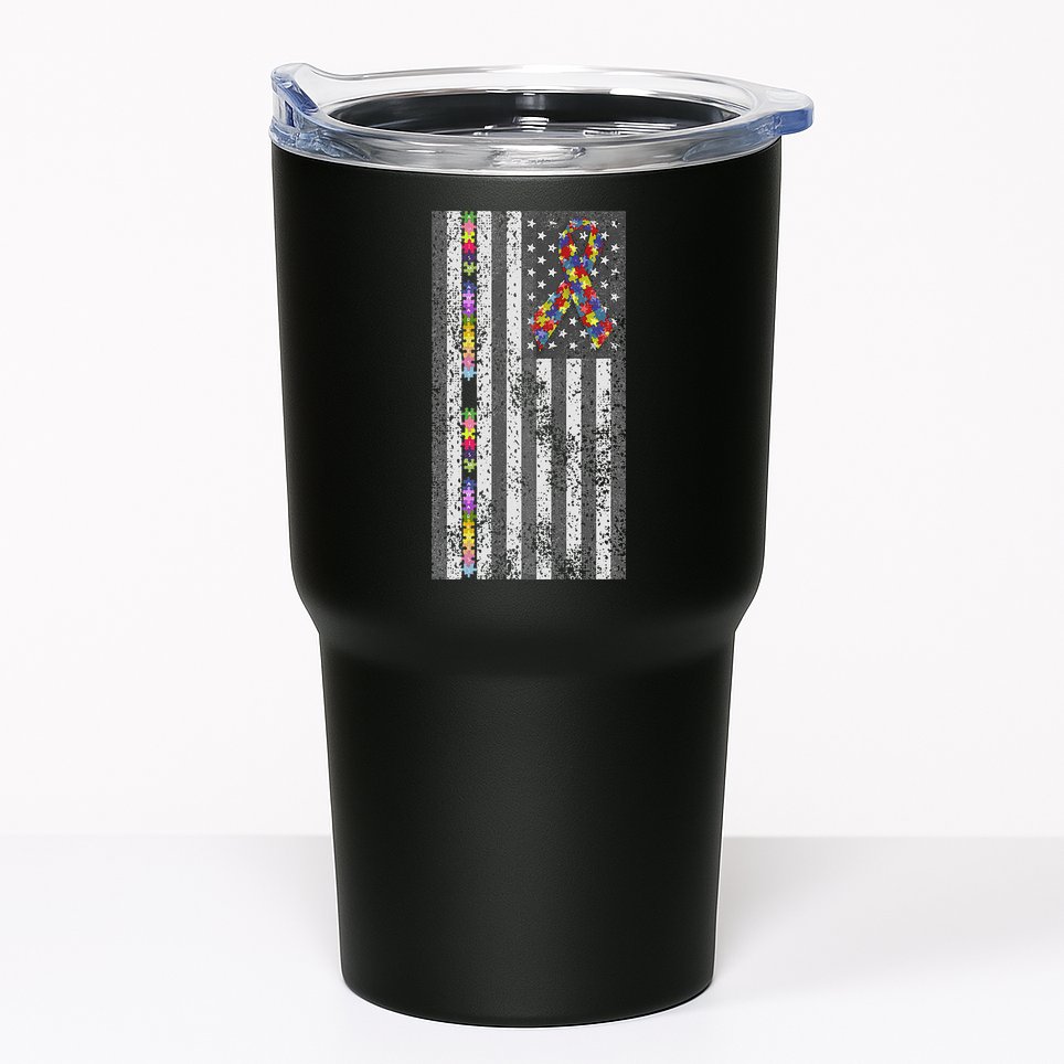American Flag Autism Awareness Puzzle Piece & Ribbon Tumbler