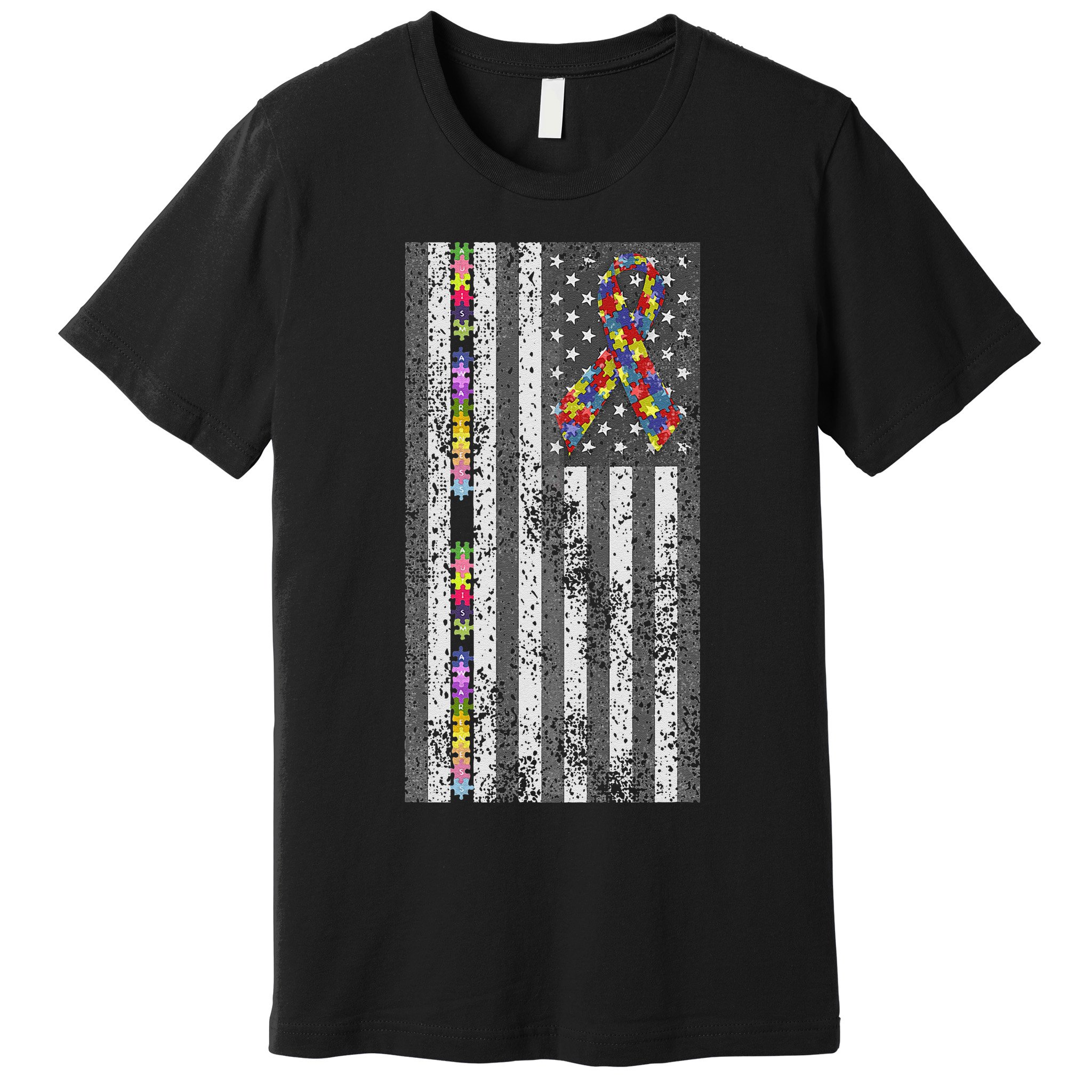 American Flag Autism Awareness Puzzle Piece & Ribbon Premium T-Shirt