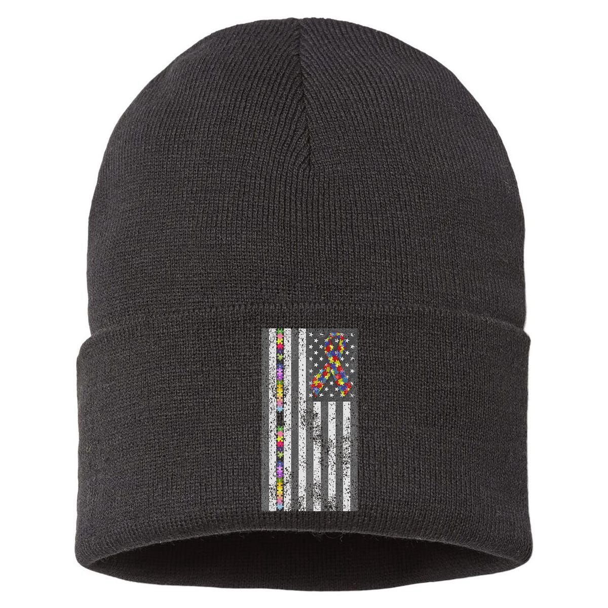 American Flag Autism Awareness Puzzle Piece & Ribbon Sustainable Knit Beanie