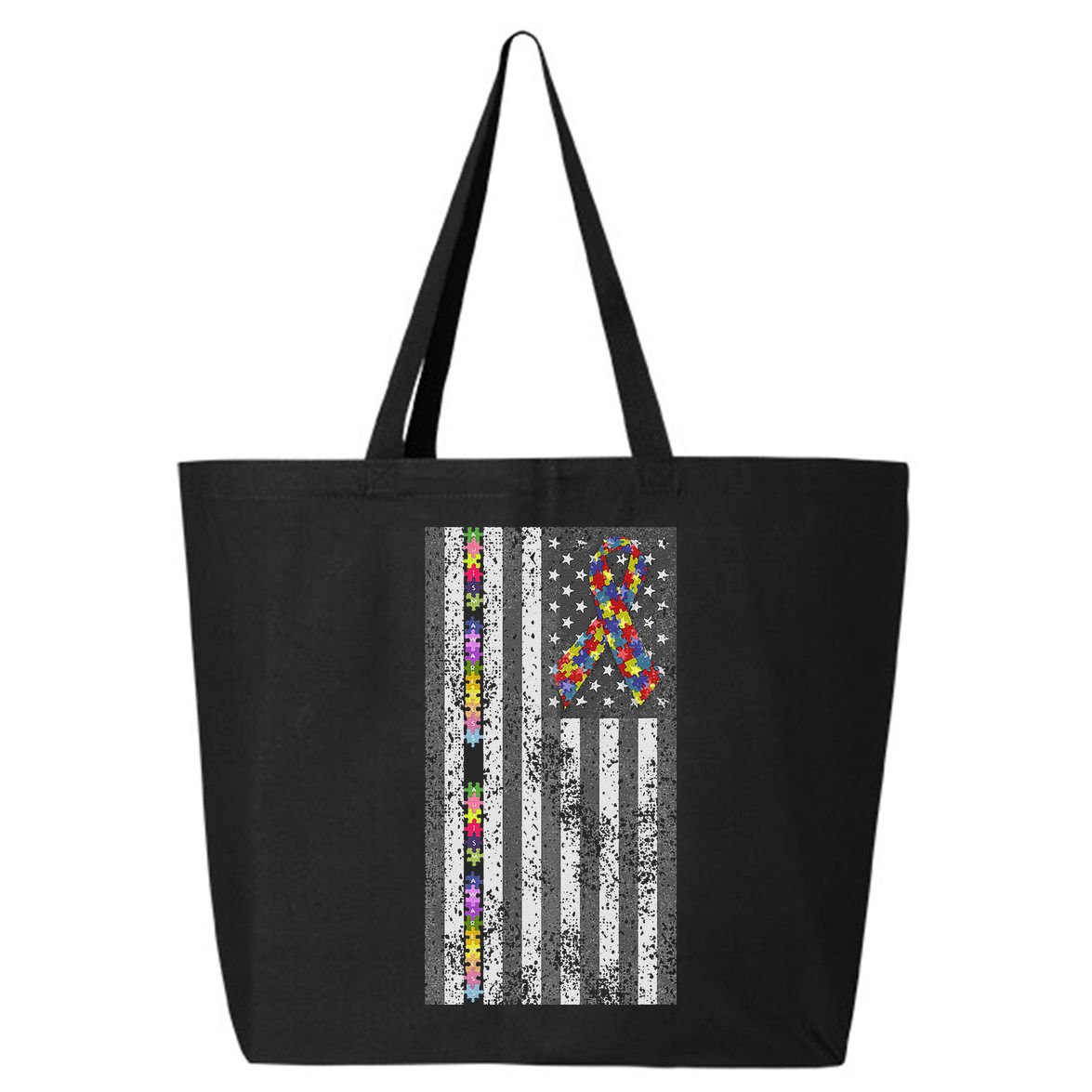American Flag Autism Awareness Puzzle Piece & Ribbon 25L Jumbo Tote