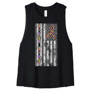 American Flag Autism Awareness Puzzle Piece & Ribbon Women's Racerback Cropped Tank