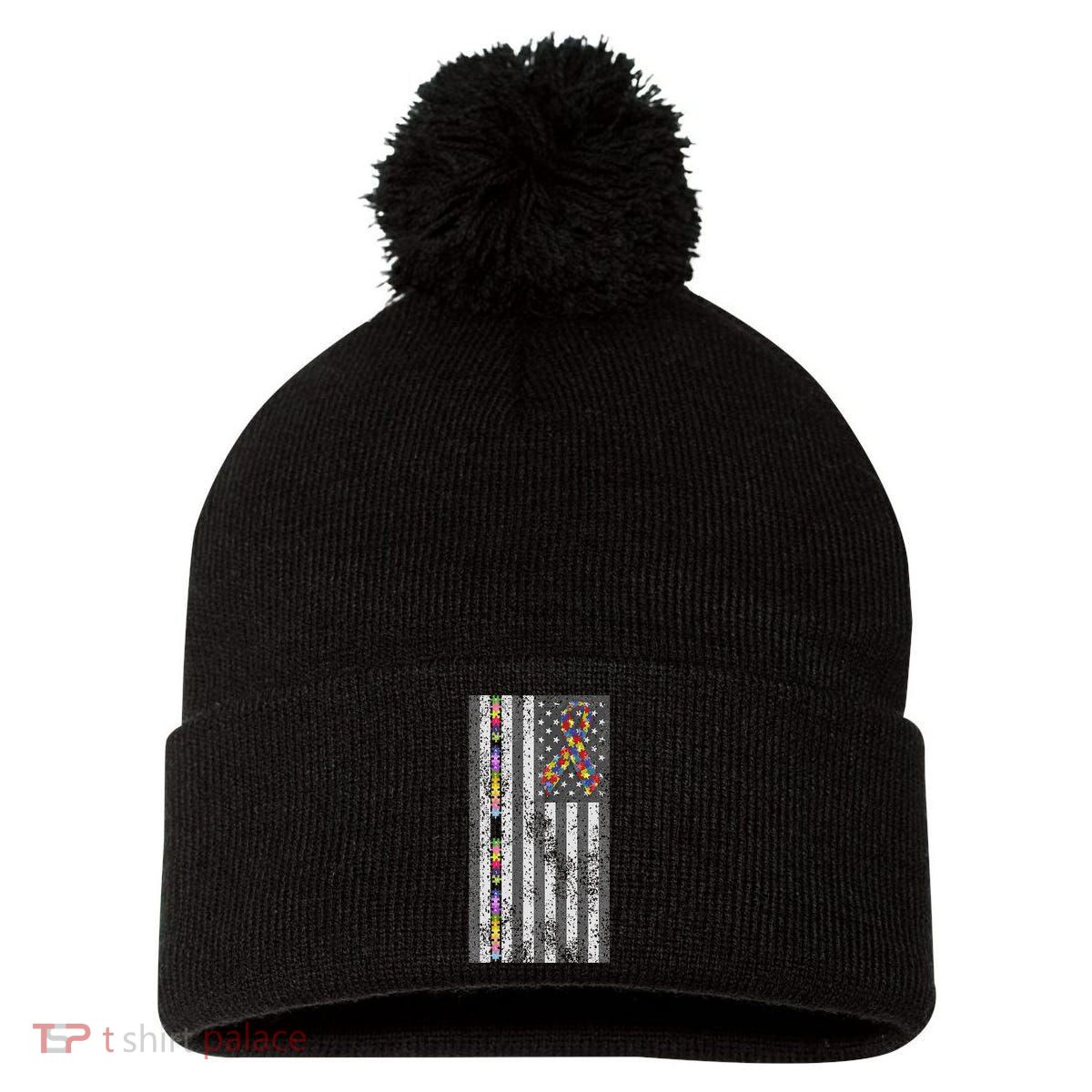 American Flag Autism Awareness Puzzle Piece & Ribbon Pom Pom 12in Knit Beanie