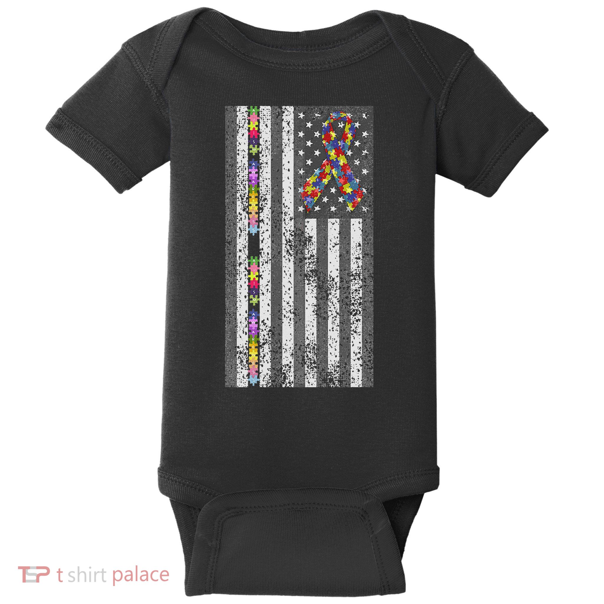 American Flag Autism Awareness Puzzle Piece & Ribbon Baby Bodysuit