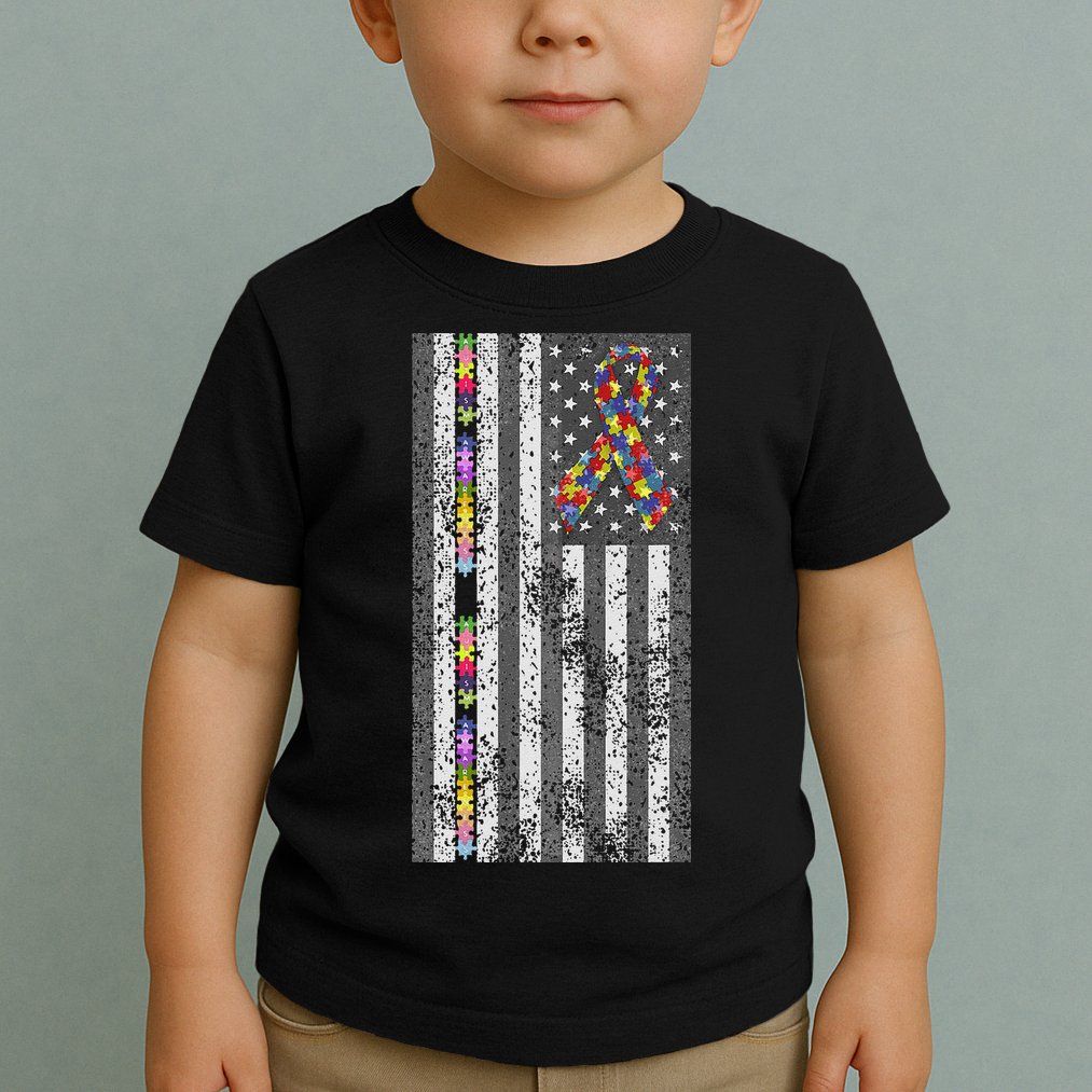 American Flag Autism Awareness Puzzle Piece & Ribbon Toddler T-Shirt