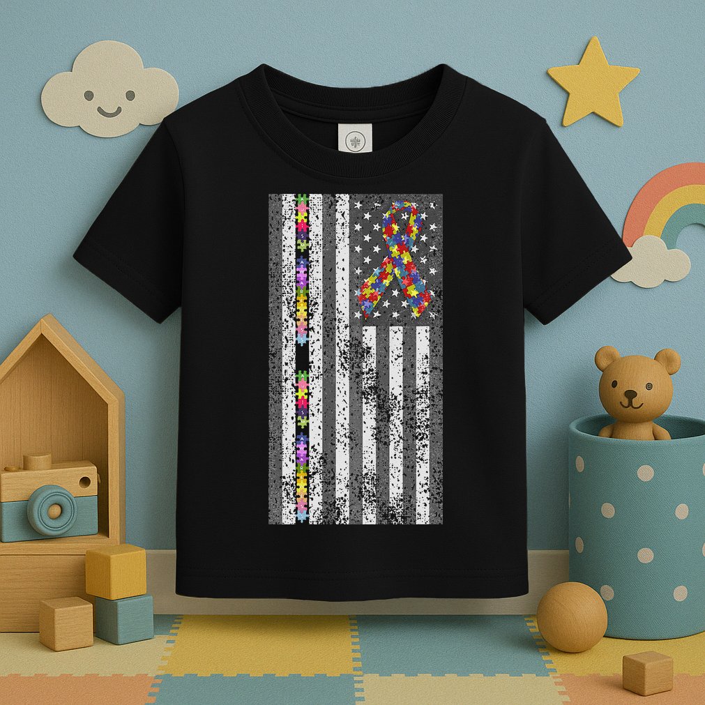 American Flag Autism Awareness Puzzle Piece & Ribbon Toddler T-Shirt