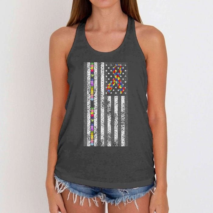 American Flag Autism Awareness Puzzle Piece & Ribbon Women's Knotted Racerback Tank