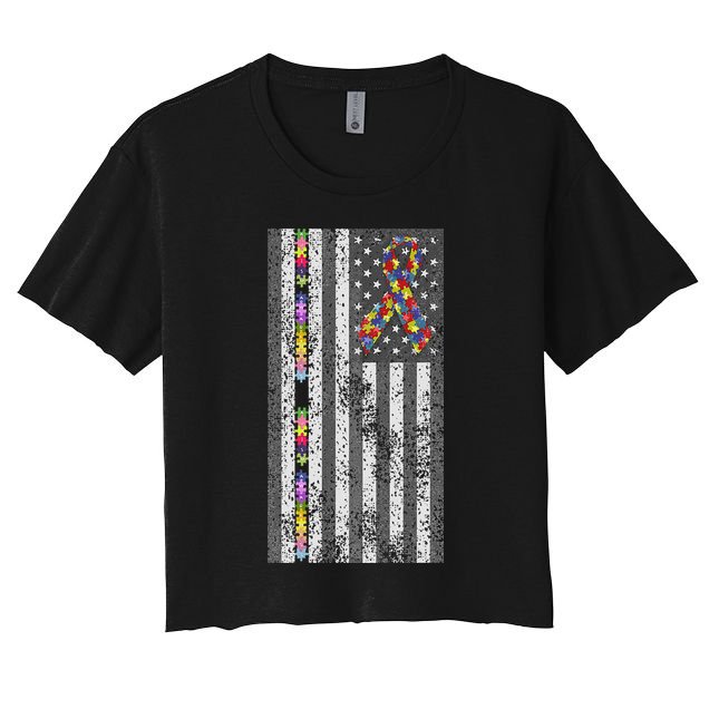American Flag Autism Awareness Puzzle Piece & Ribbon Crop Top