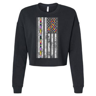American Flag Autism Awareness Puzzle Piece & Ribbon Cropped Pullover Crew