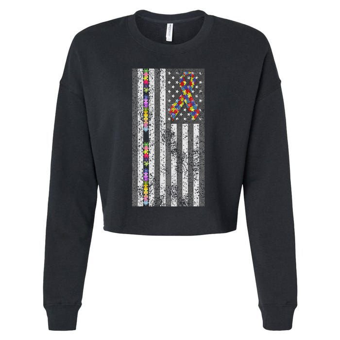 American Flag Autism Awareness Puzzle Piece & Ribbon Cropped Pullover Crew