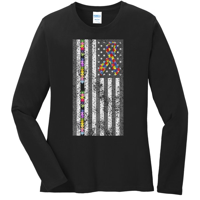 American Flag Autism Awareness Puzzle Piece & Ribbon Ladies Long Sleeve Shirt