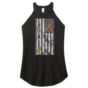 American Flag Autism Awareness Puzzle Piece & Ribbon Women's Perfect Tri Rocker Tank