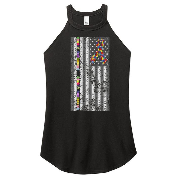 American Flag Autism Awareness Puzzle Piece & Ribbon Women's Perfect Tri Rocker Tank