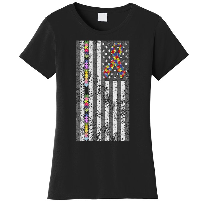 American Flag Autism Awareness Puzzle Piece & Ribbon Women's T-Shirt