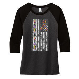 American Flag Autism Awareness Puzzle Piece & Ribbon Women's Tri-Blend 3/4-Sleeve Raglan Shirt