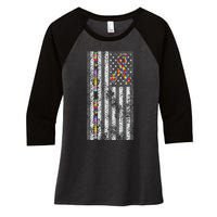 American Flag Autism Awareness Puzzle Piece & Ribbon Women's Tri-Blend 3/4-Sleeve Raglan Shirt