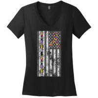 American Flag Autism Awareness Puzzle Piece & Ribbon Women's V-Neck T-Shirt