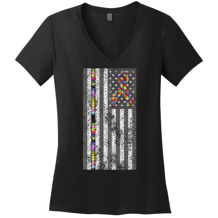 American Flag Autism Awareness Puzzle Piece & Ribbon Women's V-Neck T-Shirt