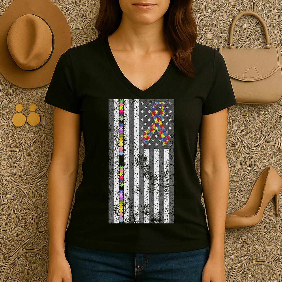 American Flag Autism Awareness Puzzle Piece & Ribbon Women's V-Neck T-Shirt