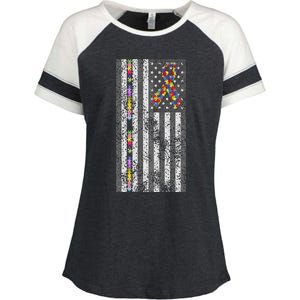 American Flag Autism Awareness Puzzle Piece & Ribbon Enza Ladies Jersey Colorblock Tee