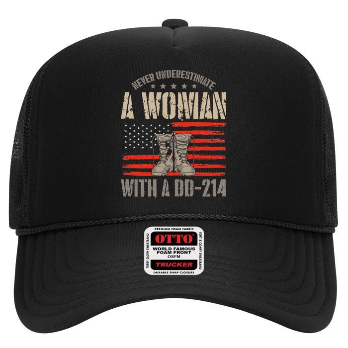 american flag A Woman With A Dd214 Female Veteran High Crown Mesh Back Trucker Hat