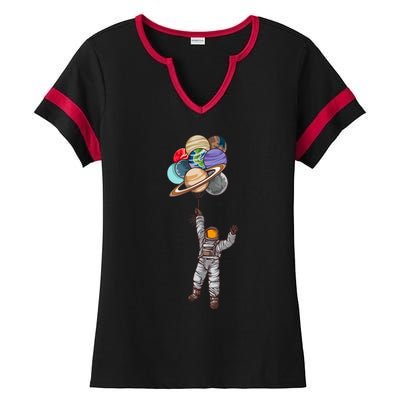 Astronaut Flying Away On Balloons Ladies Halftime Notch Neck Tee