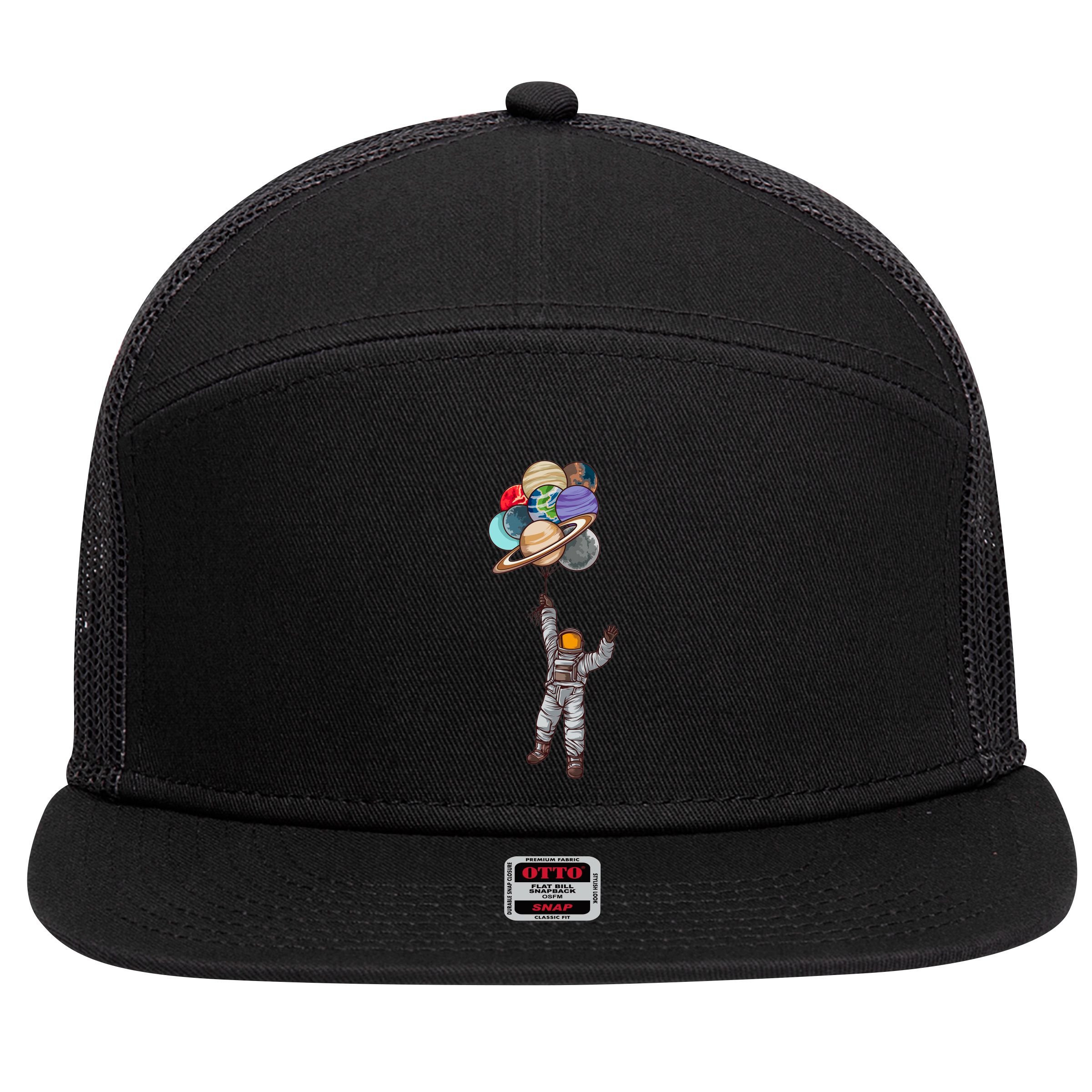 Astronaut Flying Away On Balloons 7 Panel Mesh Trucker Snapback Hat