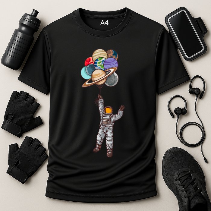 Astronaut Flying Away On Balloons Cooling Performance Crew T-Shirt
