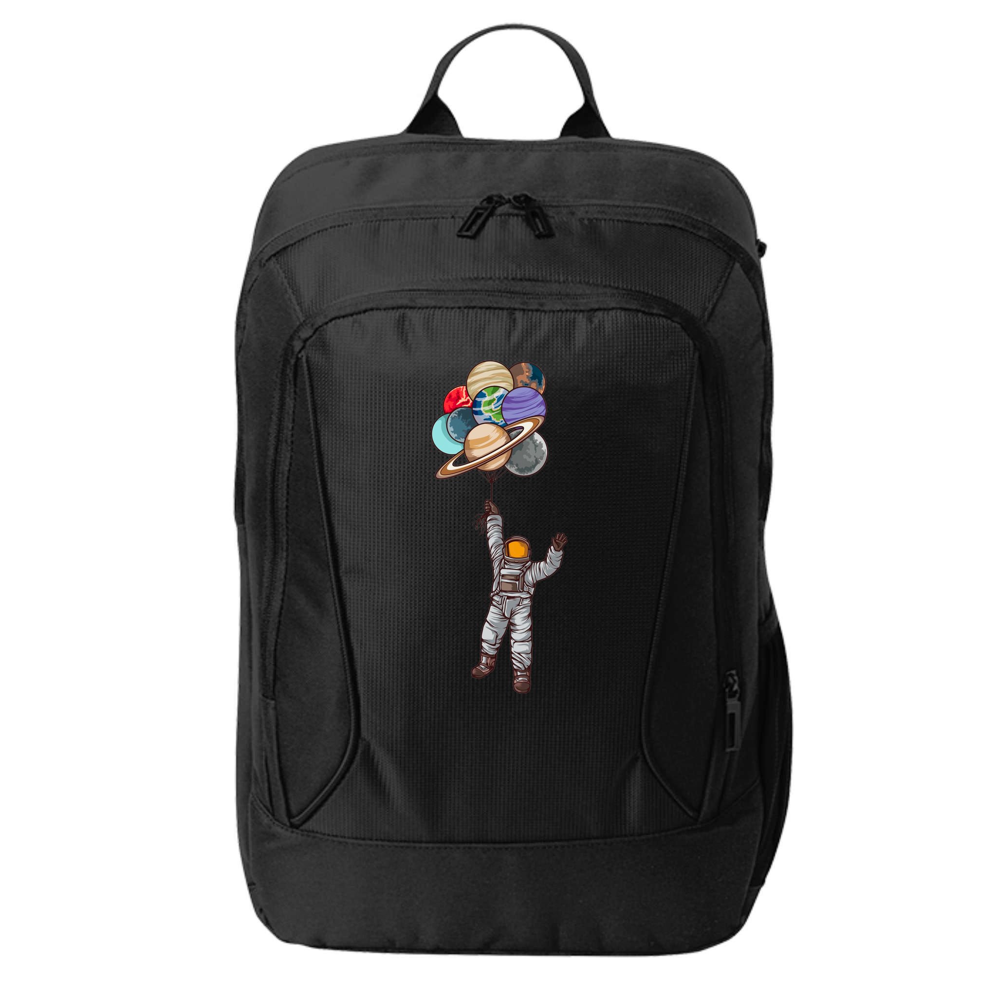 Astronaut Flying Away On Balloons City Backpack
