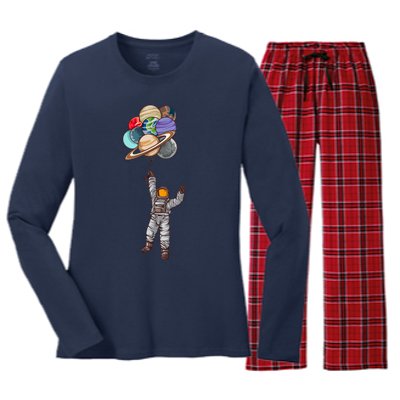 Astronaut Flying Away On Balloons Women's Long Sleeve Flannel Pajama Set 