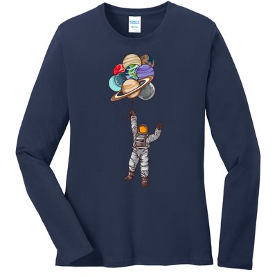 Astronaut Flying Away On Balloons Ladies Long Sleeve Shirt