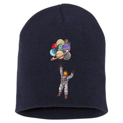 Astronaut Flying Away On Balloons Short Acrylic Beanie