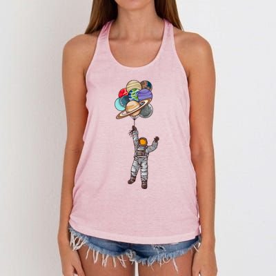 Astronaut Flying Away On Balloons Women's Knotted Racerback Tank