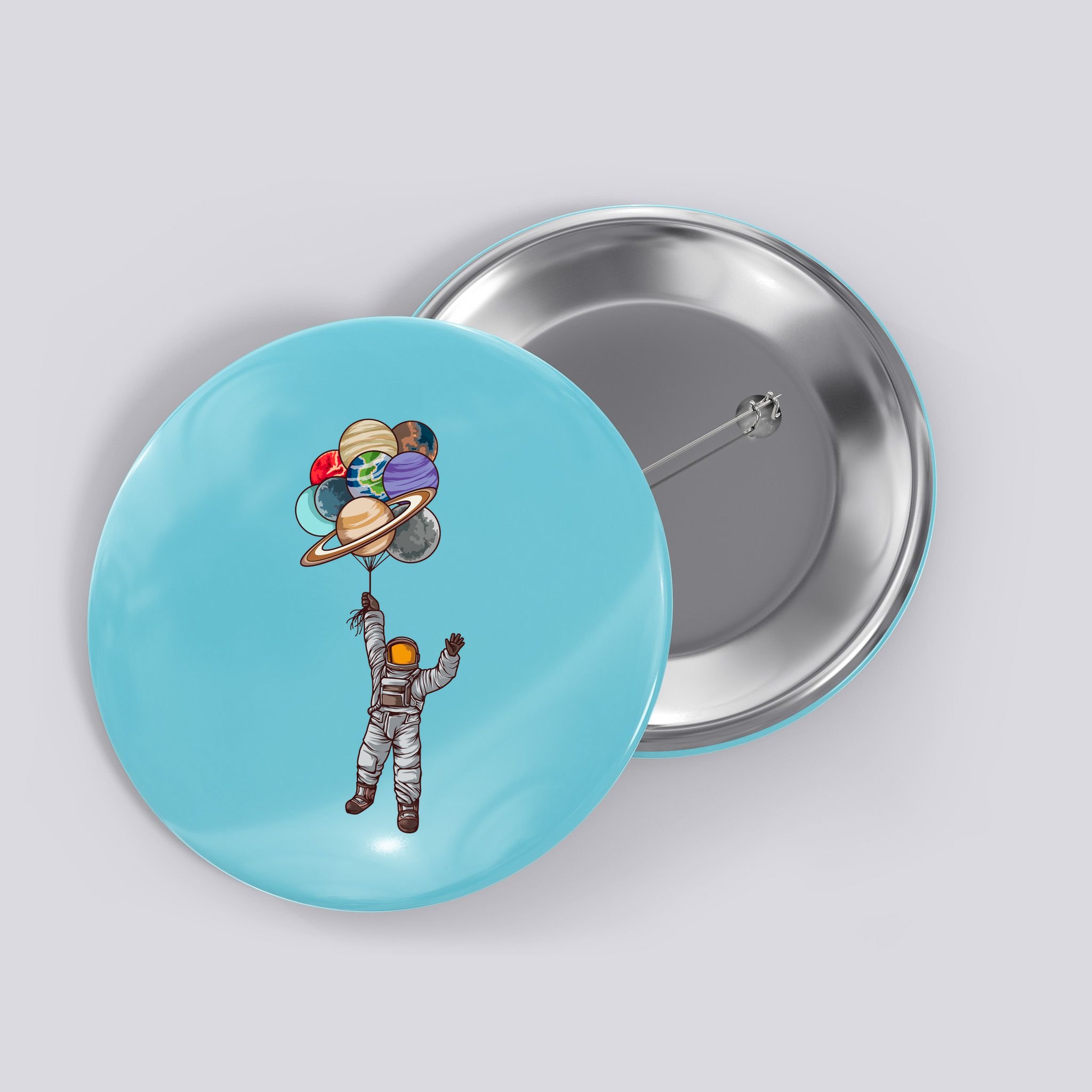 Astronaut Flying Away On Balloons Button