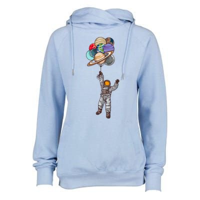 Astronaut Flying Away On Balloons Womens Funnel Neck Pullover Hood