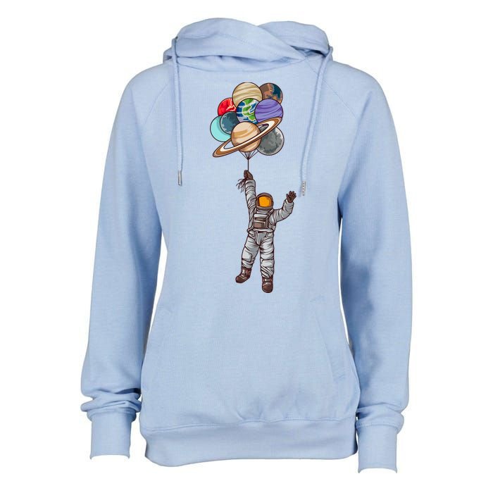 Astronaut Flying Away On Balloons Womens Funnel Neck Pullover Hood