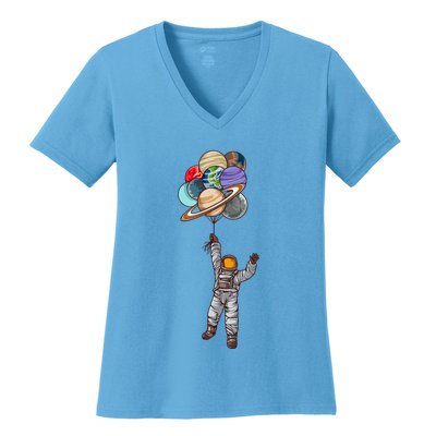 Astronaut Flying Away On Balloons Women's V-Neck T-Shirt