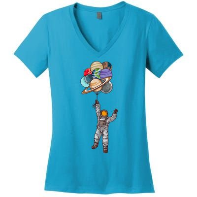 Astronaut Flying Away On Balloons Women's V-Neck T-Shirt