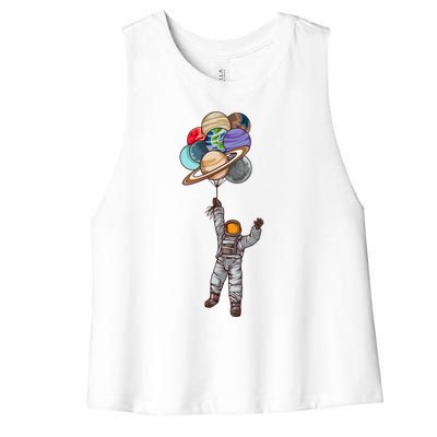 Astronaut Flying Away On Balloons Women's Racerback Cropped Tank