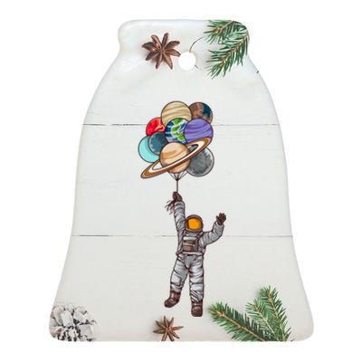 Astronaut Flying Away On Balloons Ceramic Bell Ornament