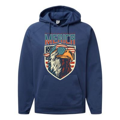 American Flag Bald Eagle 4th of July Patriotic USA Gift Performance Fleece Hoodie