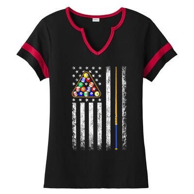 American Flag Billiards Vintage Pool Player Ladies Halftime Notch Neck Tee