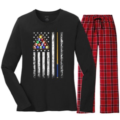 American Flag Billiards Vintage Pool Player Women's Long Sleeve Flannel Pajama Set 