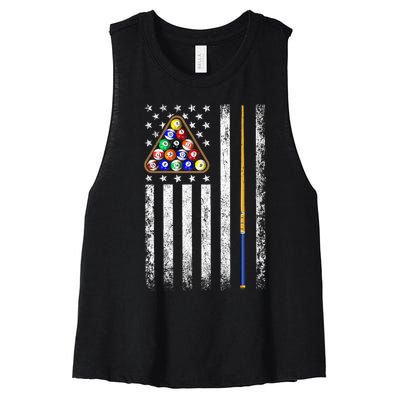 American Flag Billiards Vintage Pool Player Women's Racerback Cropped Tank