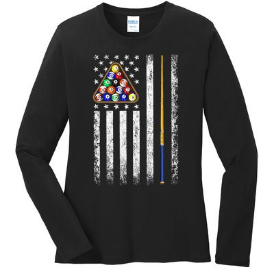 American Flag Billiards Vintage Pool Player Ladies Long Sleeve Shirt