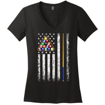 American Flag Billiards Vintage Pool Player Women's V-Neck T-Shirt