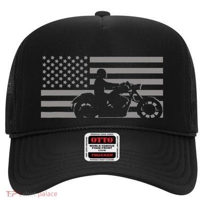 American Flag Biker Motorcycle High Crown Mesh Back Trucker Hat