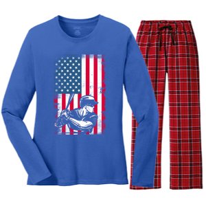 American Flag Baseball Team Gift Gift Women's Long Sleeve Flannel Pajama Set 