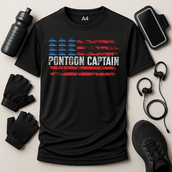 American Flag Boating Clothing 's Black Pontoon Boat Captain 4th Of July Cooling Performance Crew T-Shirt