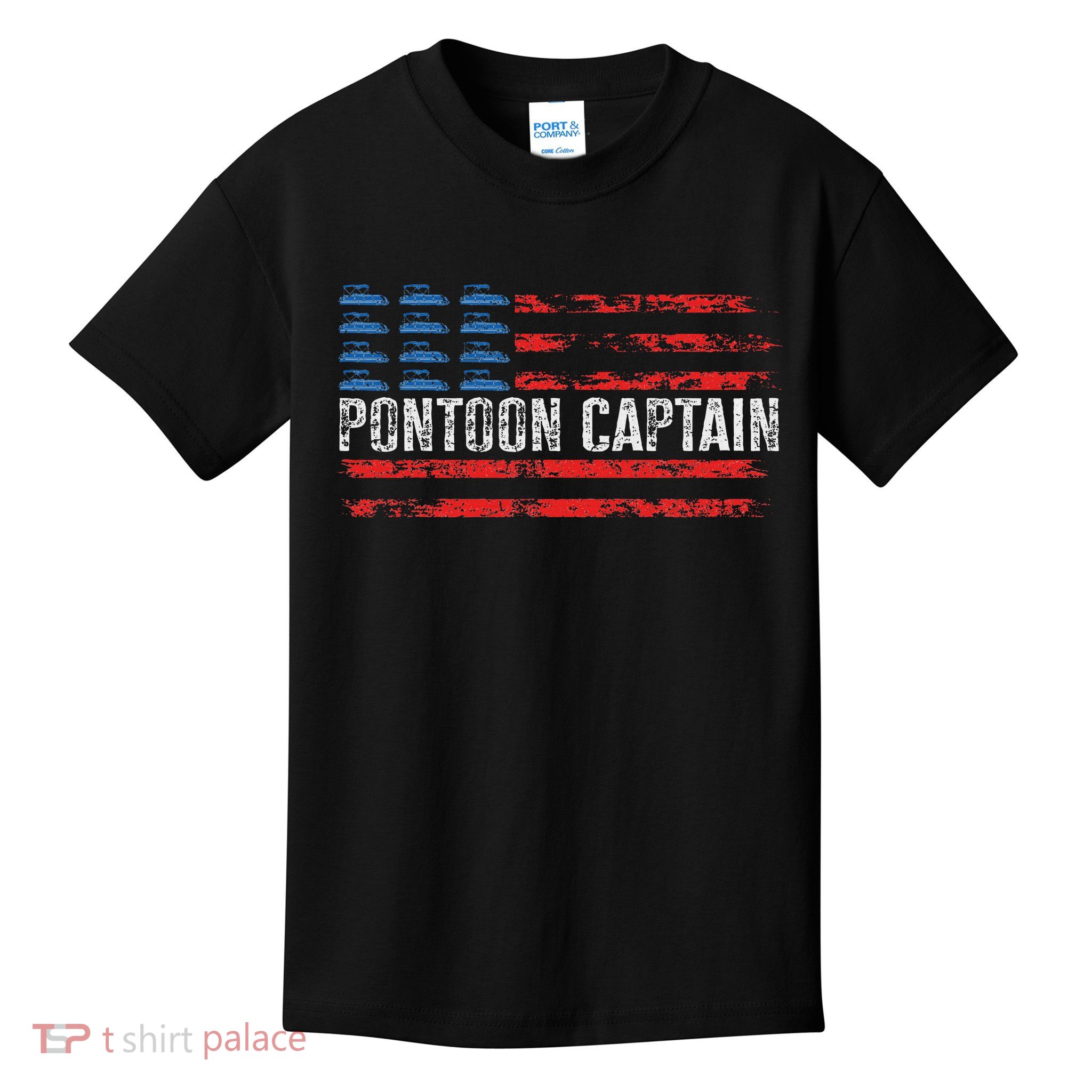 American Flag Boating Clothing 's Black Pontoon Boat Captain 4th Of July Kids T-Shirt