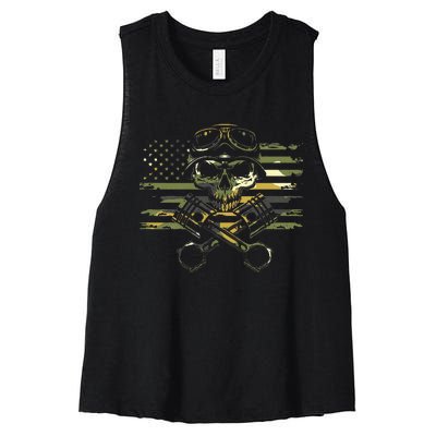 American Flag Biker Motorcycle Women's Racerback Cropped Tank